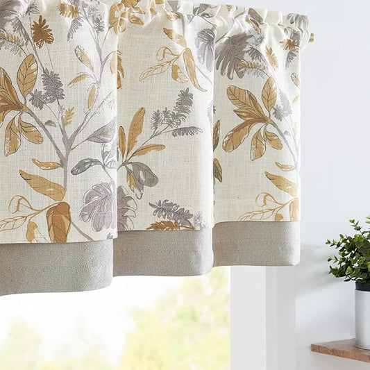 jinchan Linen Valance Double Layer Kitchen Window Curtain Yellow Leaf on Beige Valance for Living Room Cafe Farmhouse Light Filtering Rustic French Country Curtain 18 Inch Rod Pocket 1 Panel