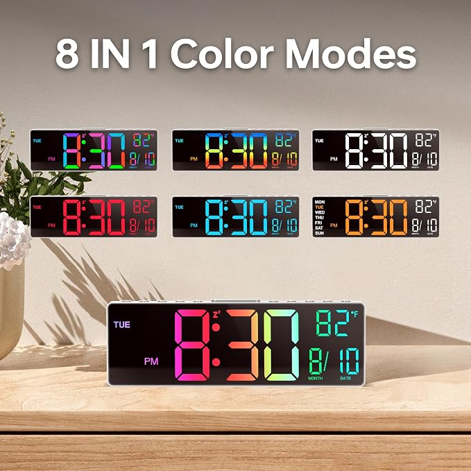 JALL 10.5'' Large Digital Alarm Clock with Big LED Number, Remote Control, RGB Colors,Timer, Dual Alarm, Temperature for Back to School Classroom, Bedroom, Living Room, Gift for Senior Student Teacher - Image 3
