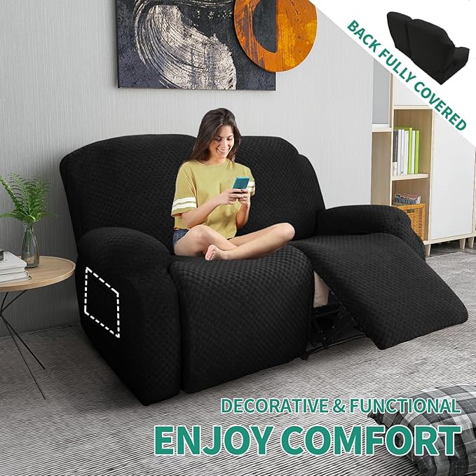 YEMYHOM 6 Pieces Stretch Loveseat Recliner Slipcover Jacquard Recliner Sofa Cover with Side Pocket Fitted Recliner Cover Couch Furniture Protector with Elastic Bottom (Loveseat Recliner, Black)