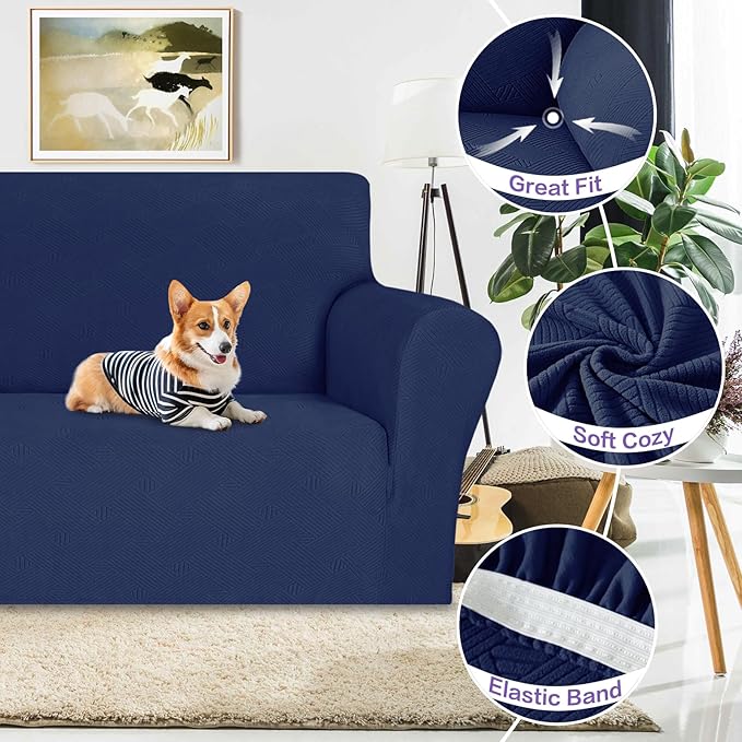 ZNSAYOTX Oversized Super Stretch Couch Cover (92"-115"), New Striped Sofa Covers Comfortable & Durable, Dog Cat Pets Friendly Extra Large Spandex Sofa Slipcovers (Navy Blue, XL Sofa)