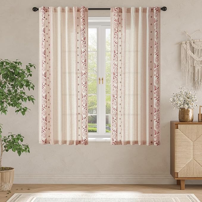 jinchan Winslow Linen Curtains for Bedroom 63 Inches Length Embroidered Bordered Floral Curtains for Living Room Farmhouse Decor Light Filtering Window Treatments Red on Beige Drapes 2 Panels
