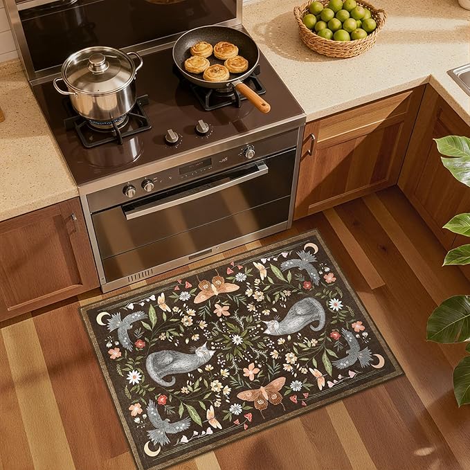 GarveeHome Cat Entryway Rug, 2x3 Mushroom Insect Brown Washable Front Door Rug Indoor Entrance Floral Carpet Non-Slip Low Pile Throw Rugs for Kitchen Floor, Powder Room, Entry, Bathroom, Kids Room