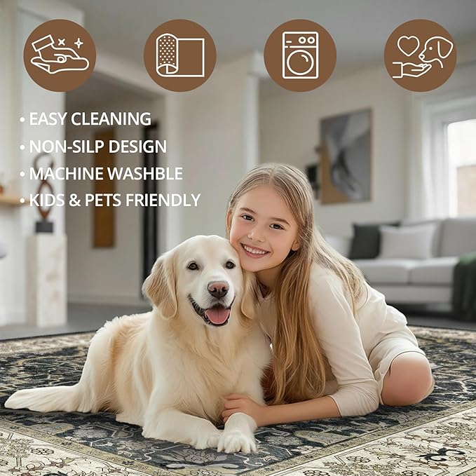 Black 5x7 Washable Area Rug, Non-Slip Soft Ultra-Thin Polyester Carpet with Vintage Stain Resistant Indoor Rug for Living Room, Bedroom, Dining Room, Nursery Oeko-TEX - Black