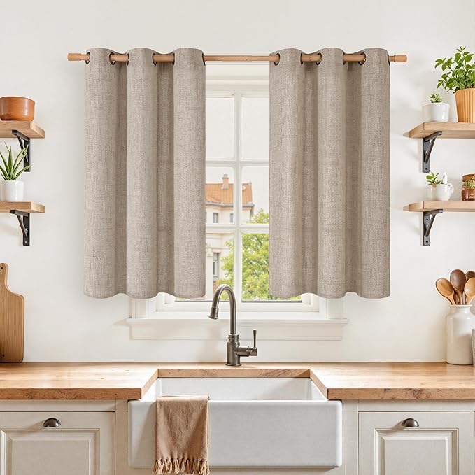 YoungsTex Oatmeal Linen Kitchen Windows Curtains 40 lnch Length, Burlap Short Drapes Semi Sheer with Bronze Grommet Light Filtering for Bathroom Bedroom, 2 Panels, 42 X 40 Inch