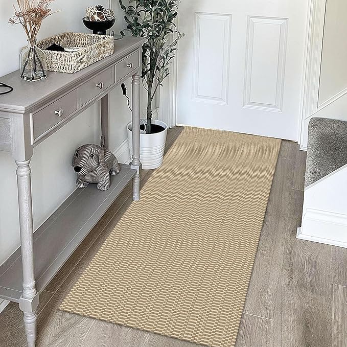 KOZYFLY Washable Runner Rug 2x5 Ft Runners for Hallways Rubber Backed Throw Rug, Braided Cotton Entryway Runner Indoor, Carpet Runners for Hallway Kitchen Entryway Bedroom, Sand/Ivory