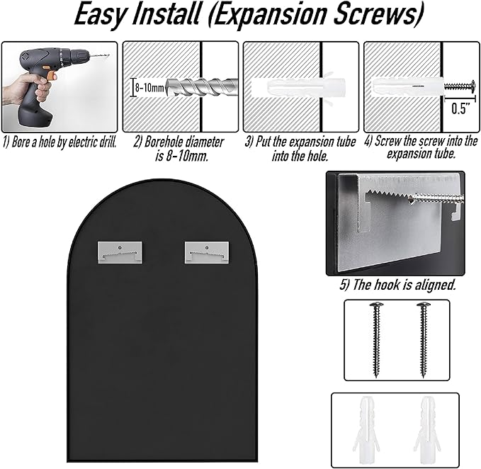 SCWF-GZ 30x20 Arch Mirror Rectangle Wall Mounted Hanging or Against Wall Aluminum Alloy Metal Frame Dressing Make-up Mirrors for Entryway Bedroom Bathroom Living Room 30 20 inch Black