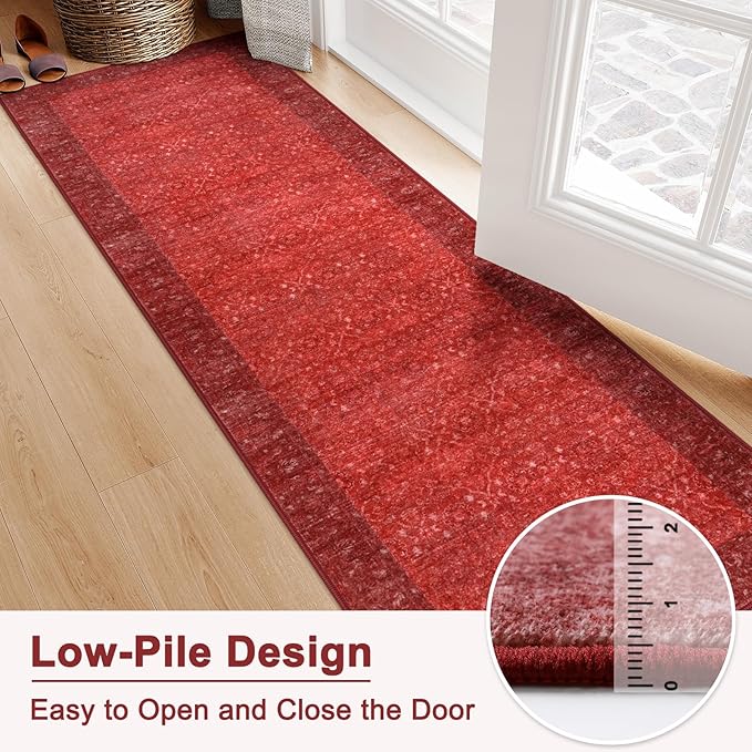 Hedlive Vintage Red Kitchen Runner Rug, 2x6 Runners for Hallways Non Slip, Washable Runner Rug for Bedroom Entryway, Ultra-Thin Carpet Runners for Laundry Room Bedroom Holiday Decor (2'x6', Red)