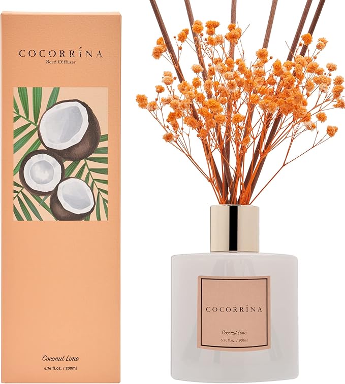 Cocorr??na Premium Reed Diffuser Set with Preserved Baby's Breath & Cotton Stick Coconut Lime | 6.7oz Scent Fragrance Oil Diffuser for Bedroom Bathroom Home D??cor