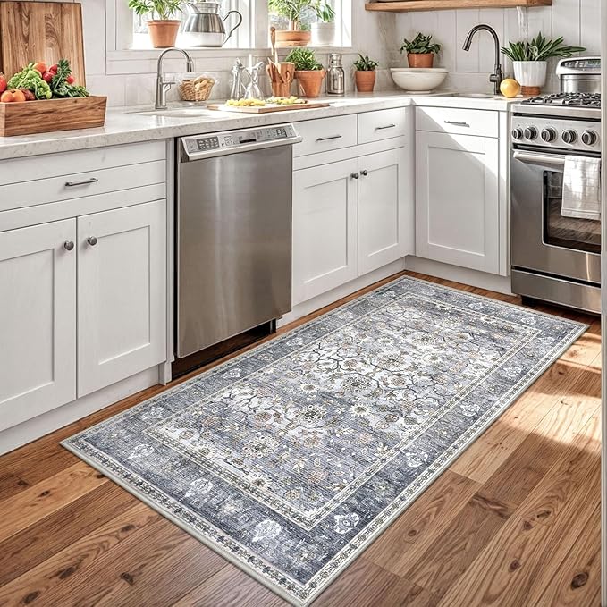 KUTA Vintage Floral 3x5 Rug, Washable Non-Slip Entryway Rug & Kitchen Carpet, Ultra Thin Soft Low-Pile Oriental Throw in Grey Blue, Distressed Print for Living Room Dorm, Entry Décor