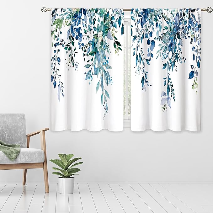 Teal Eucalyptus Botanical Leaves Floral Small Kitchen Curtains Blue Flower Window Treatment Wildflower Plant Cafe Short Window Curtains for Bathroom Room Tier Treatment Drapes 27.5x39 inch