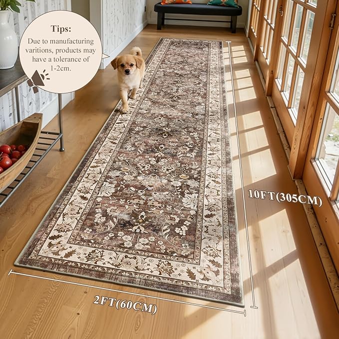 LOKHOM Washable Runner Rug, 2x10 Non-Slip Vintage Farmhouse Hallway Runner Rug with Rubber Backing, Boho Soft Faux Wool Kitchen Rug Carpet for Kitchen Laundry Entryway Bedroom (Dark Brown)