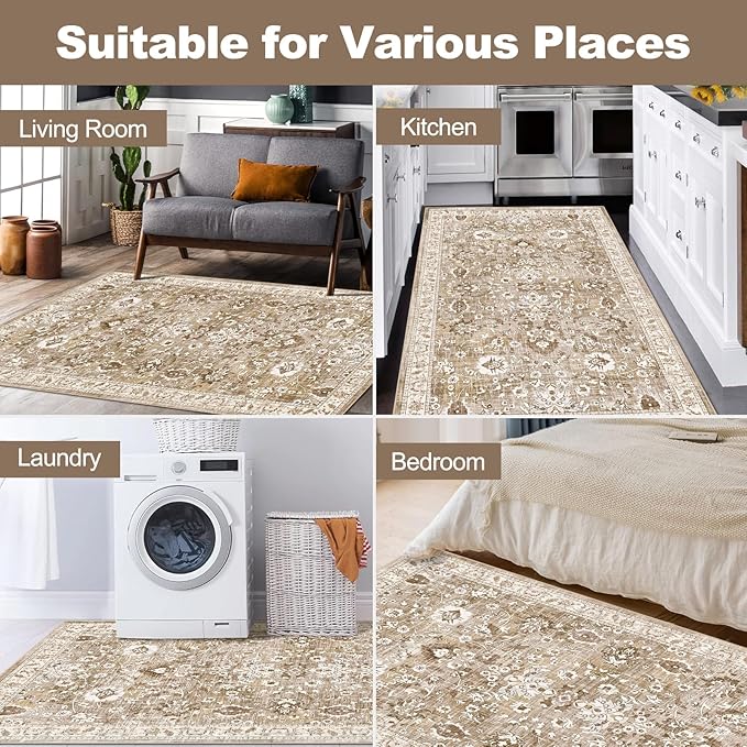 LOKHOM Washable Area Rug, 3x5 Non-Slip Kitchen Area Mat Vintage Living Room Rug with Rubber Backing, Boho Floral Faux Wool Farmhouse Bedroom Area Carpet for Bedroom Kitchen Laundry(Beige Brown)