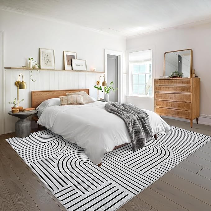 Washable Rug 9x12 Area Rugs for Living Room, Abstract Rug for Bedroom, Soft Rainbow Non Slip Throw Rugs with Rubber Back, Low Pile Stain Resistant Boho Geometric Carpet for Dining Room, Blackwhite