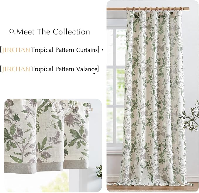 jinchan Linen Valance Double Layer Kitchen Window Curtain Green Leaf on Beige Valance for Living Room Cafe Farmhouse Light Filtering Rustic French Country Curtain 16 Inch Rod Pocket 1 Panel