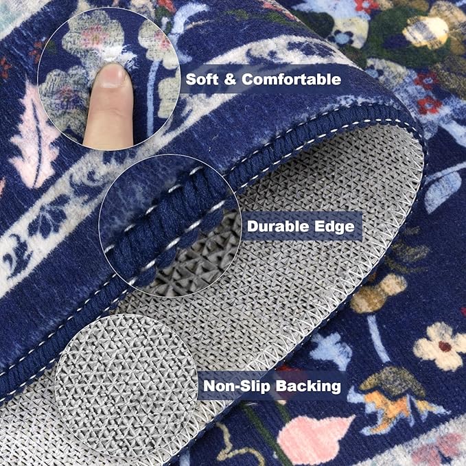 LOKHOM Washable Runner Rug, 2x8 Non-Slip Vintage Hallway Runner Rug with Rubber Backing, Boho Floral Soft Faux Wool Kitchen Rug Carpet Runner for Laundry Entryway Bedroom (Vibrant Blue)