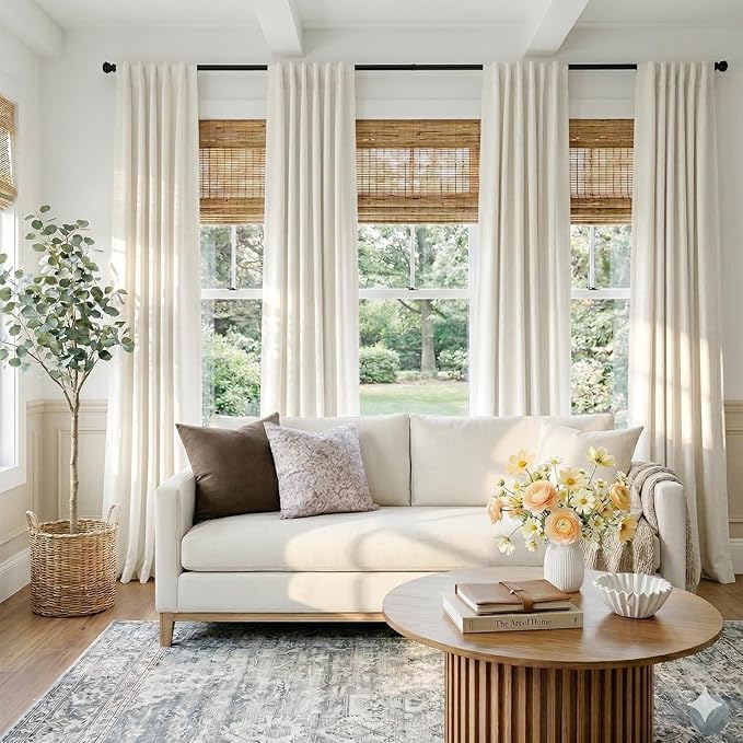 100% Blackout Shield Linen Blackout Curtains for Bedroom 84 Inches Long, Back Tab/Rod Pocket Living Room Drapes, Thermal Insulated Blackout Curtains 2 Panels Set, 50" W x 84" L, Beige White