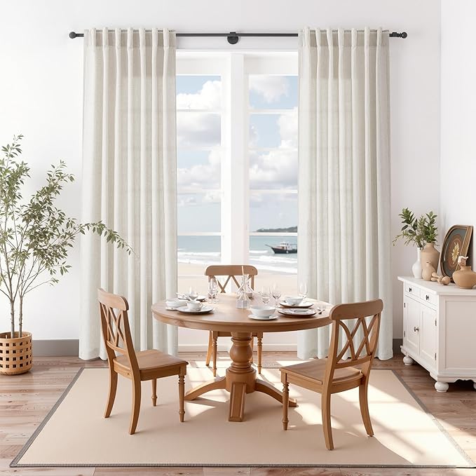 Nanspring Pearl White Linen Curtains 96 Inches Long for Living Room Coastal Decor Luxury Light Filtering Semi Sheer Curtain Back Tab Modern Farmhouse Drapes for Bedroom Office 52x96, 2 Panels