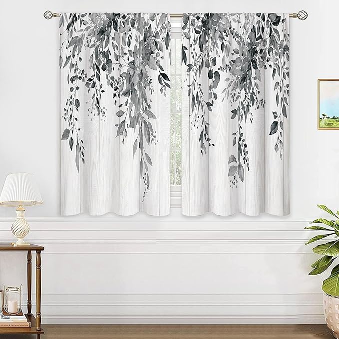 Farmhouse Grey Eucalyptus Small Kitchen Curtains Leaves Window Treatment Black White Wooden Cafe Short Curtains for Bathroom Dining Laundry Room Botanical Tier Treatment Drapes 27.5x39 inch