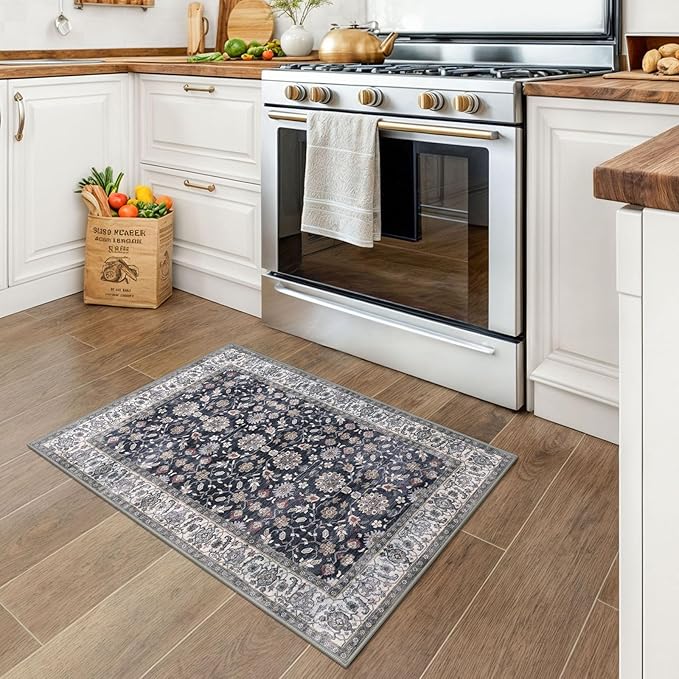 KUTA Vintage Floral Entryway Rug 2x3, Kitchen Rugs Non-Slip Washable Throw Rug, Grey Black Beige Ultra Thin Soft Print Front Door Mat Indoor Doormat for Entrance, Bedside, or Small Spaces