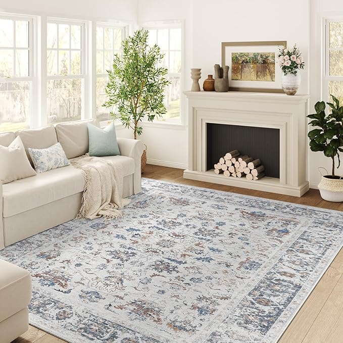 jinchan Area Rug 8x10 Living Room Rug - Washable Vintage Large Boho Floral Floor Cover Lightweight Low Pile Thin Non-Slip Retro Distressed Carpet for Bedroom Dining Room Kitchen Office Grey Multi