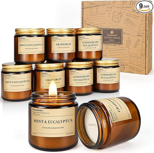 9 Pack Soy Candles for Home Scented |（Mint & Eucalyptus/Lemongrass/Grapefruit ） Long-Lasting 270 Hours, Natural Scented Candles Gift for Women & Men, Birthday, Mother’s Day, Christmas, Thanksgiving
