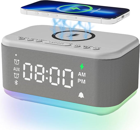 Alarm Clock Speaker Wireless Charger, Digital Alarm Clocks Bedrooms Bluetooth, Alarm Clock Dimmable Light Bedrooms Dual Alarm Snooze Dimmer 12 24H RGB Night Light Bluetooth USB AUX, Gray by BroserengyTech