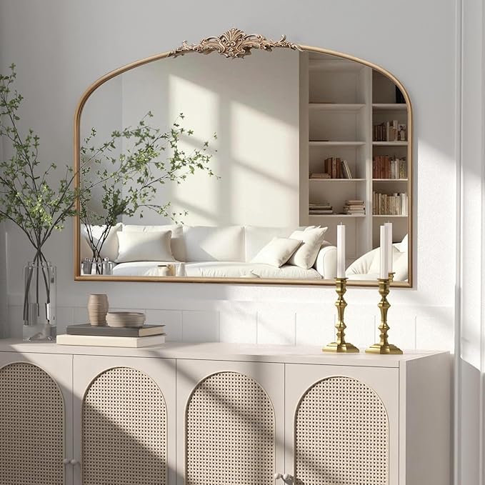 Besdomus Large Arched Vintage Mirror: 48"x33" French Oversize Champagne Gold Antique Wall Mounted Mirror - Baroque Traditional Ornate for Fireplace/Bathroom/Living Room - Home Decor for Housewife