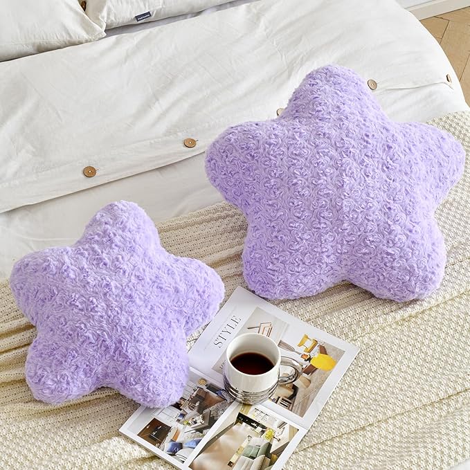 Star Pillow, 19.7" Star Shaped Plush Pillow for Couch Bed Sofa, Cute Decorative Throw Pillows with Soft Faux Fur Room Decor for Bedroom Living Room (Lavender)