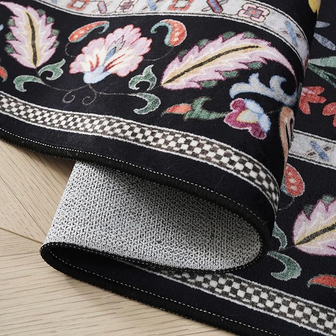 Rugcomf 2'7"x14' Long Hallway Runner Rug - Floral Washable Non Slip Boho Carpet for Kitchen, Entryway, Hall, Bathroom - Vibrant Black