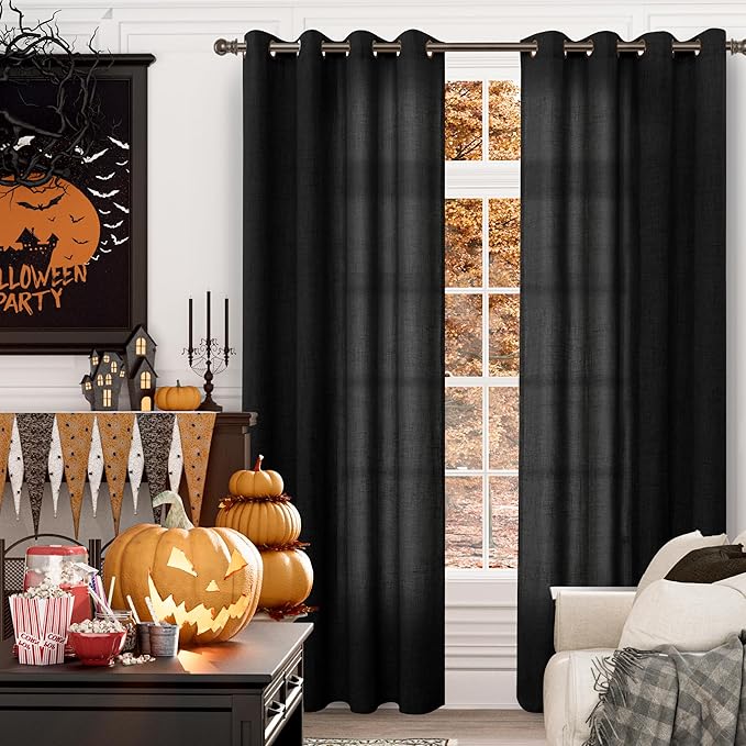 YoungsTex Black Linen Curtains 90 Inch Length for Living Room, Light Filtering Semi Sheer Window Drapes with Bronze Grommet Privacy Decorative for Bedroom, 52 x 90 Inch, 2 Panels