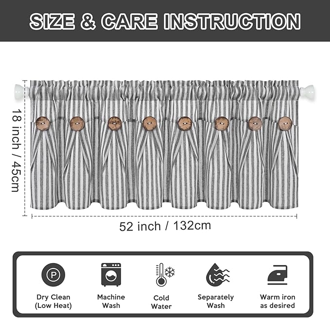 ASPMIZ Farmhouse Valances for Windows, Cotton Linen Kitchen Curtains Valances with Rustic Buttons, Grey Striped Window Valance for Living Room, Boho Valance Curtains for Bathroom, 52 x 18 Inches