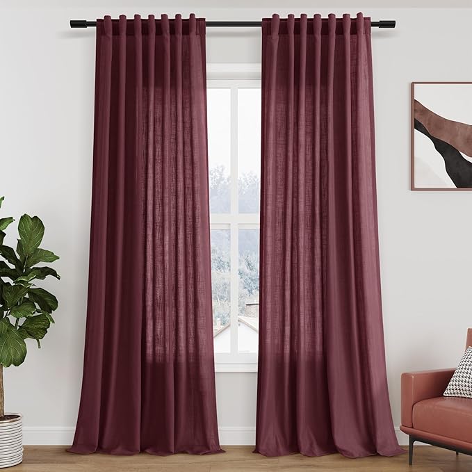 Extra Long Burgundy Linen Curtains 120 Inch for Living Room 2 Panels Set Rod Pocket Back Tab Light Filtering Semi Sheer Linen Window Drapes Privacy High Ceiling Drapes for Farmhouse 52x120
