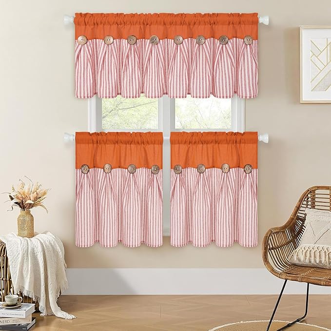 ASPMIZ Linen Kitchen Curtains 24 Inch Length, Farmhouse Boho Button Kitchen Window Curtain Over Sink, Orange Striped Short Curtains for Small Windows, Bathroom, Rod Pocket Window Treatment Tiers