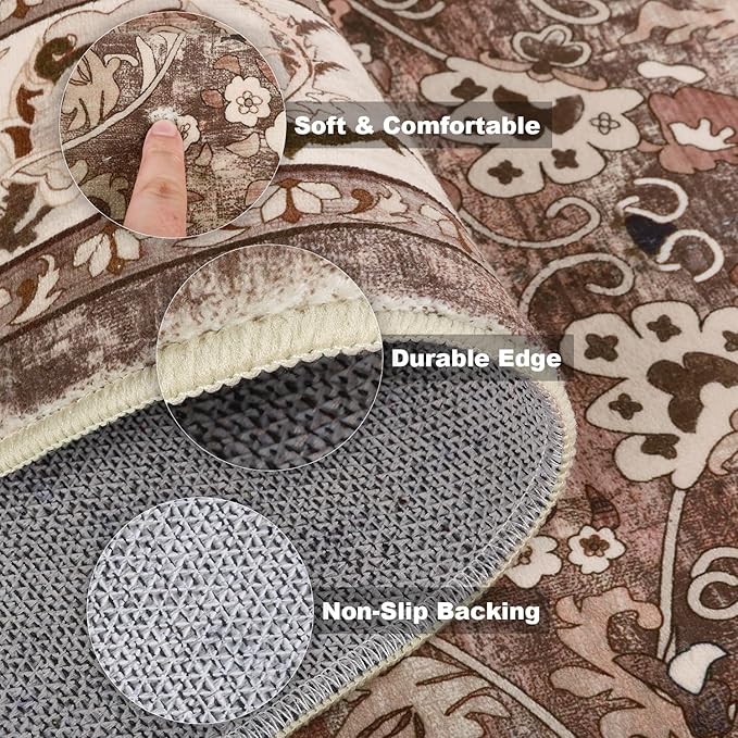 LOKHOM Washable Runner Rug, 2x8 Non Slip Vintage Hallway Runner Rug with Rubber Backing, Boho Floral Soft Faux Wool Kitchen Rug Carpet Runner for Kitchen Laundry Entryway Bedroom (Dark Brown)