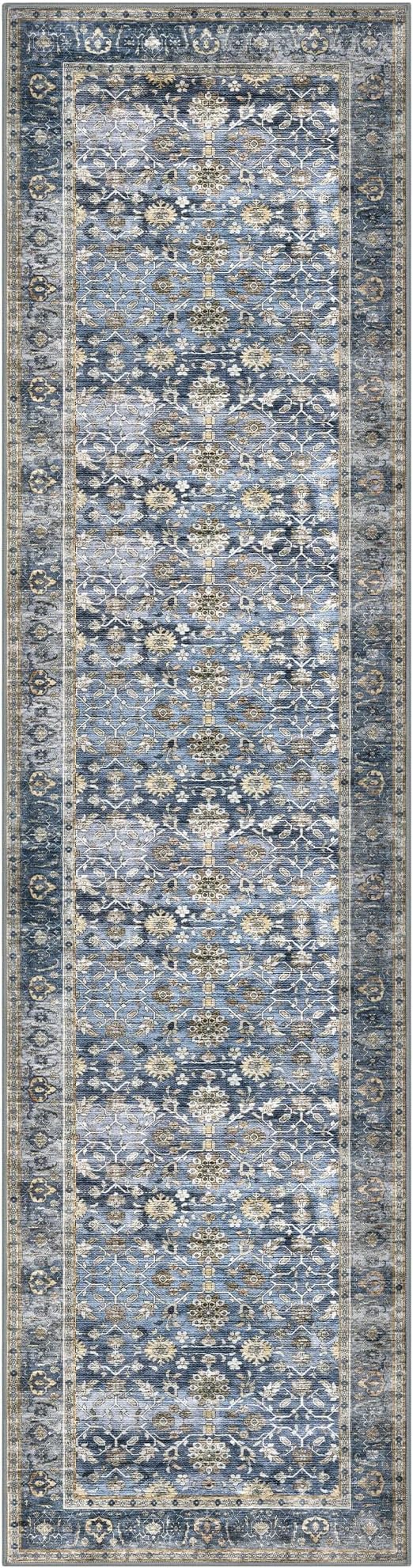 KUTA Vintage Washable Runner Rug, 2.6x10 Blue Grey Beige Runners for Hallways Non-Slip Kitchen Rugs Ultra Thin Soft Printed Distressed Oriental Floral Floor Carpet for Laundry Living Room Nursery