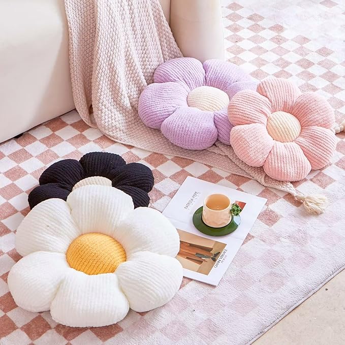 Black Flower Decorative Throw Pillow for Bed Couch, Cute Daisy Shaped Plush Aesthetic Pillow, Soft 19.6" Floor Pillow Seat Cushion