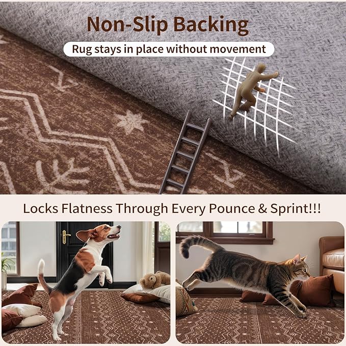 SERISSA 2x6 Kitchen Runner Rug, Washable Non-Slip Coffee Brown Boho Rug, Soft Low-Pile Geometric Indoor Carpet for Hallway Laundry Room Bathroom Bedroom Entryway