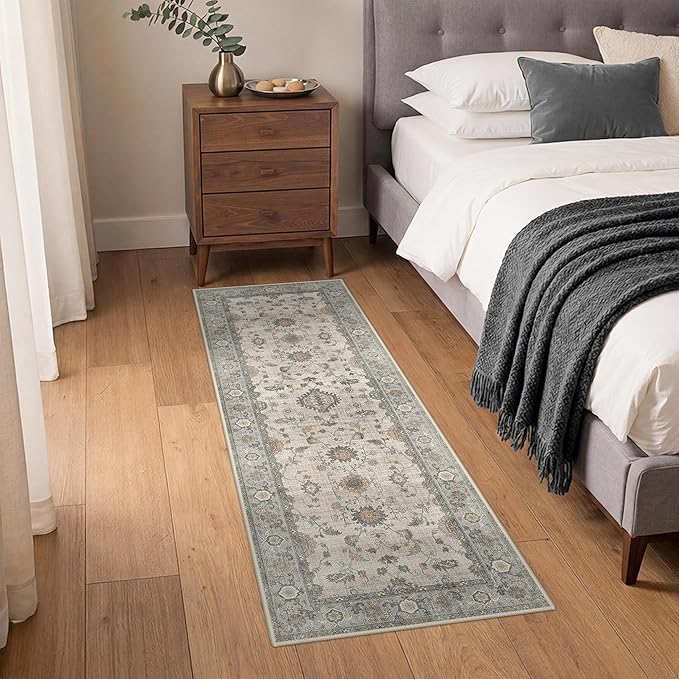 GENIMO Runner Rug for Hallways Machine Washable, 3x7 Non Slip Boho Vintage Lightweight Washable Runners, Thin Floor Rugs for Entryway Hallway Bathroom Laundry Room Corridor, Light Taupe Green