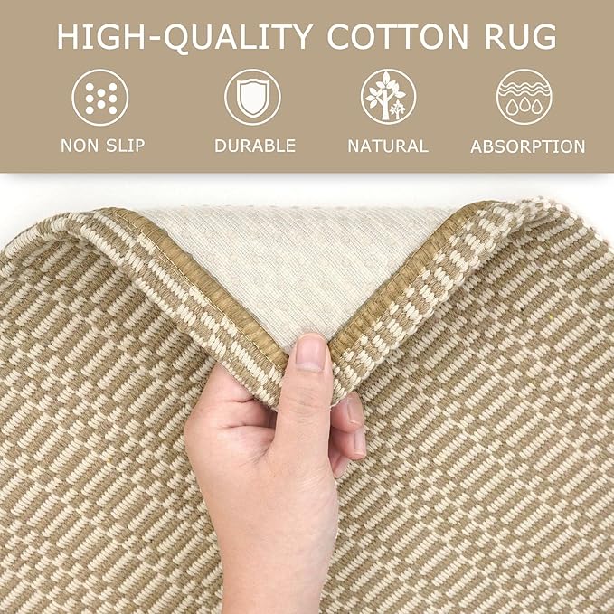 KOZYFLY Washable Entryway Rug 3x5 Ft Area Rugs Cotton Rubber Backed Throw Rugs Indoor Door Mat Kitchen Rugs Braided Floor Carpet for Front Entrance Bathroom Kitchen Living Room, Sand/Ivory
