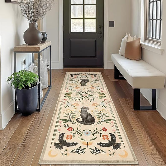 GarveeHome 2.5x8 Cat Washable Runner Rug for Hallway, Soft Beige Long Kitchen Runner Non Slip Mushroom Insect Entryway Rug Floral Laundry Mat Stain Resistant Carpet for Bathroom Beside Rug