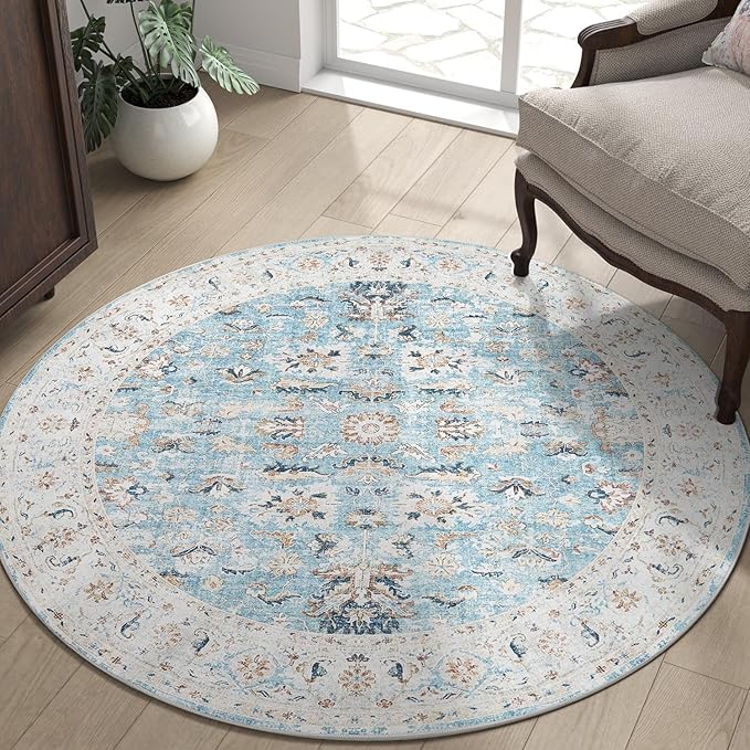 jinchan Round Rug 5ft Area Rug - Washable Boho Vintage Floral Circle 5' Round Floor Cover Lightweight Low Pile Thin Throw Non-Slip Carpet for Kitchen Living Room Bedroom Dining Room Office Light Blue