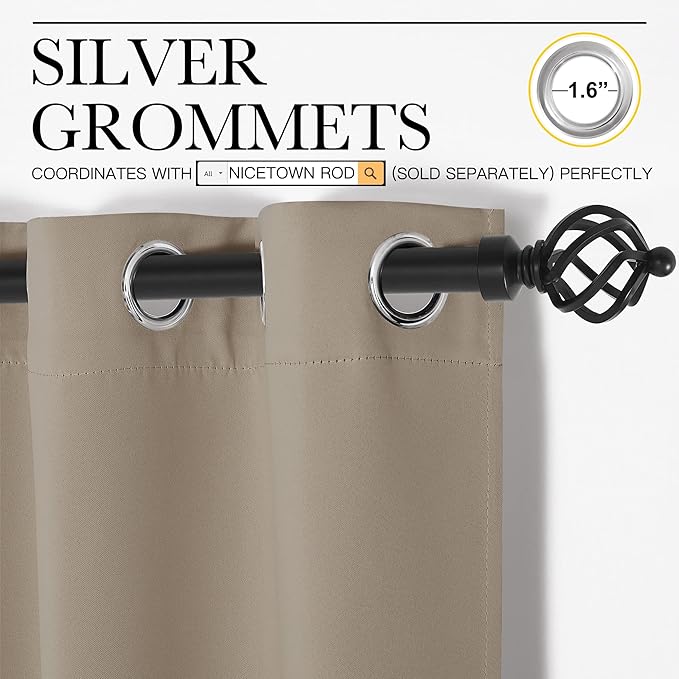 NICETOWN Bedroom Curtain Panels Blackout Draperies, Thermal Insulated Solid Grommet Blackout Curtains/Drapes (1 Pair, 34 by 63 inches, Taupe)