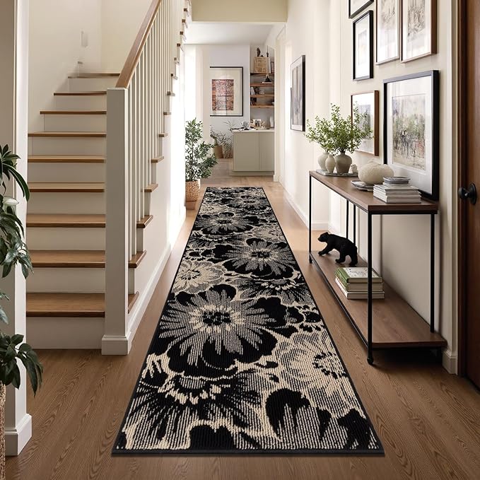 Findosom Hallway Runner Rug 2x10, Non Slip High-Low Textured Floral Washable Runner Rug with Rubber Backing, Boho Carpet Runner for Kitchen, Entryway, Bedroom, Laundry, Black & Beige