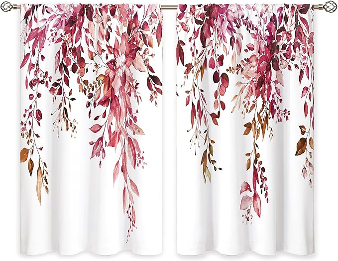 Burgundy Eucalyptus Small Kitchen Curtains Watercolor Red Leaves Window Treatment Flower Floral Plant Botanical Cafe Short Curtains for Bathroom Dining Fall Tier Treatment Drapes 27.5x39 inch