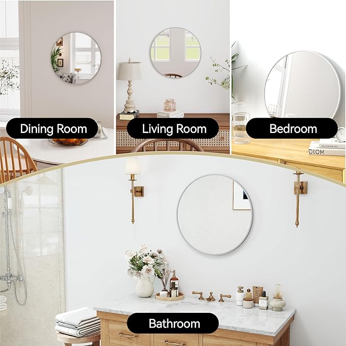 SCWF-GZ 20" Round Mirror Circle Wall Mounted Hanging or Against Wall Metal Frame Dressing Make-up Mirrors for Entryway Bedroom Bathroom Living Room 20 inch Silver