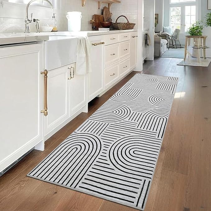 ROYHOME Modern Rug 2x6 Runners for Hallways, Abstract Kitchen Runner Rugs Non Slip Bath Runner, Rainbow Washable Runners Rug for Bedroom, Soft Long Rugs for Entryway Bathroom Laundry Dorm, Blackwhite