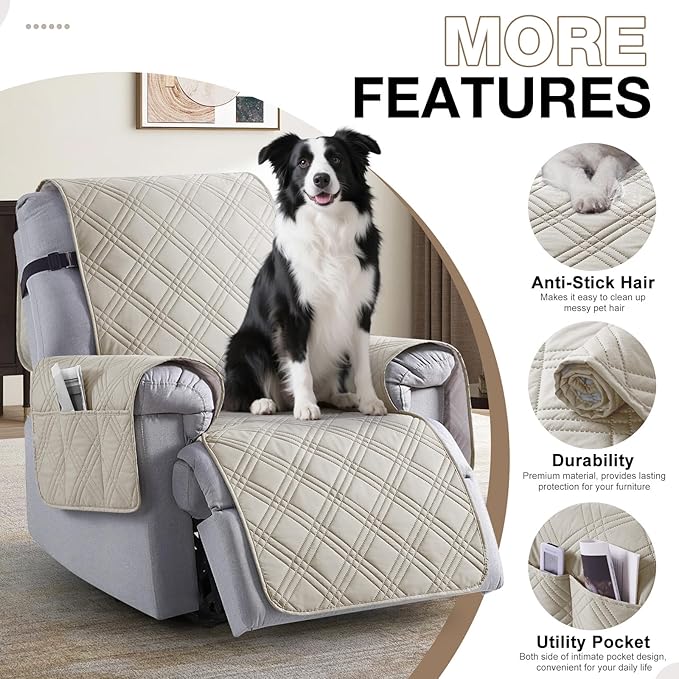 TAOCOCO 100% Waterproof Recliner Chair Cover, Oversized Recliner Covers for Large Recliner Chair with Double Straps, Non Slip Reclining Chair Cover for Kids, Pets(28'', Cream)