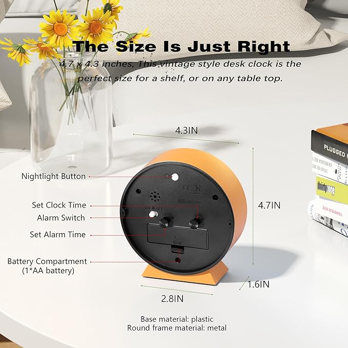 AYRELY?? 4.5" Analog Alarm Clock,Small Retro Desk Clock Battery Operated,Slient Metal Table Clock with Light for Living Room Decor,Bedroom,Bedside,Shelf (Orange-Yellow)
