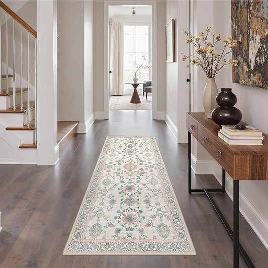 GENIMO Runner Rug for Hallways Machine Washable, 3x7 Non Slip Boho Vintage Lightweight Washable Runners, Thin Floor Rugs for Entryway Hallway Bathroom Laundry Room Corridor, Multi Pink