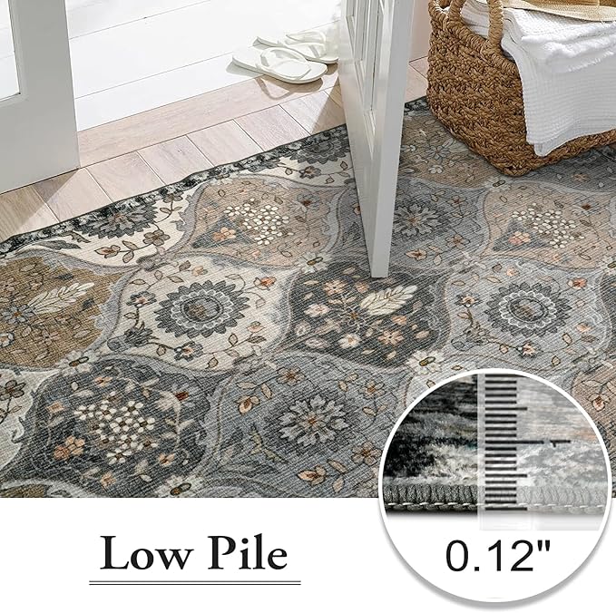 Lahome Moroccan 8x10 Area Rugs for Living Room, Washable Rugs 8x10 Ultra-Thin Oriental Non-Slip Non Shedding Accent Carpet for Bedroom Dining Room Office Nursery Elise, Grey